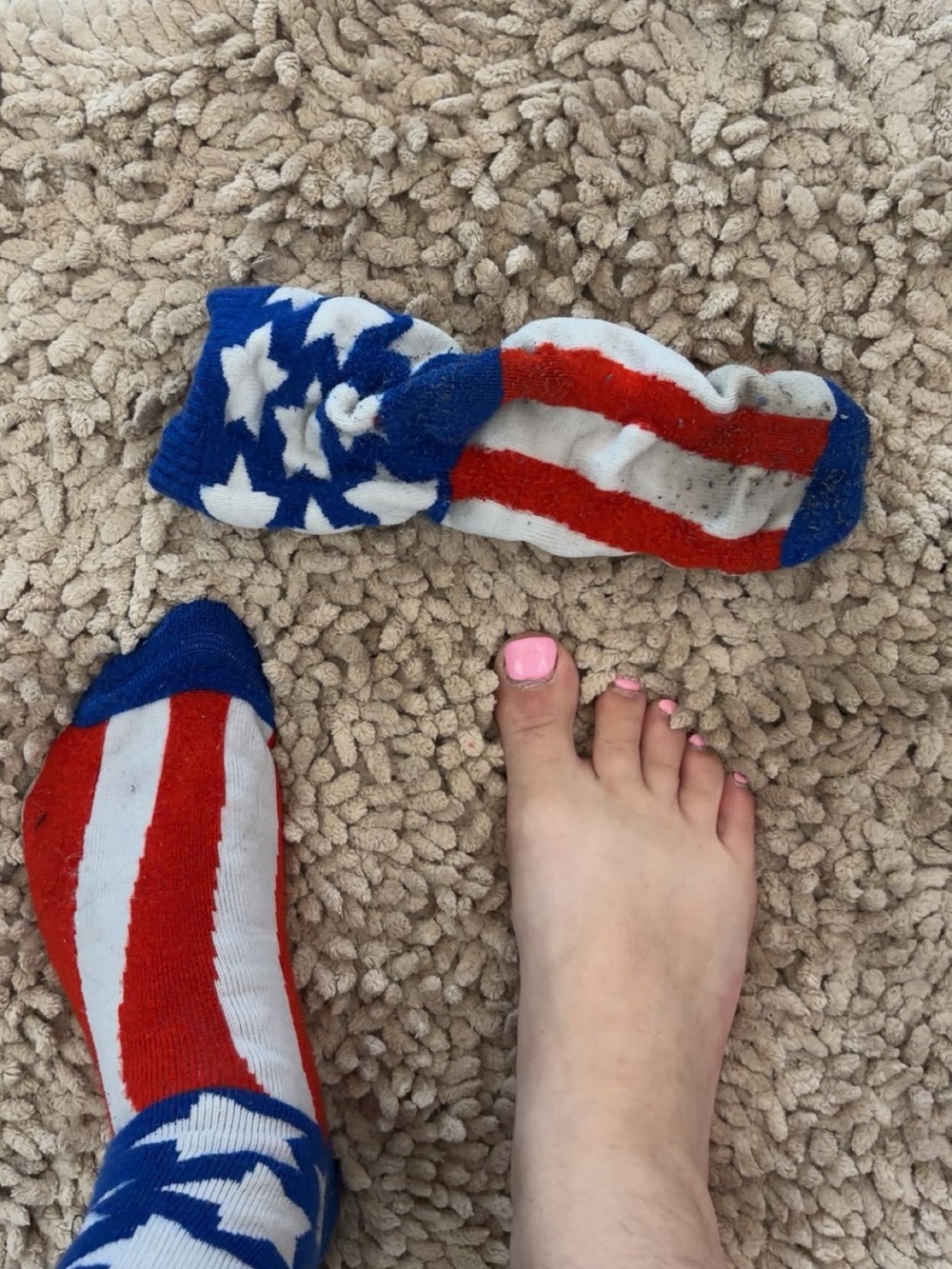 Very worn: American flag socks ( semi fuzzy) ( worn for 4 days )